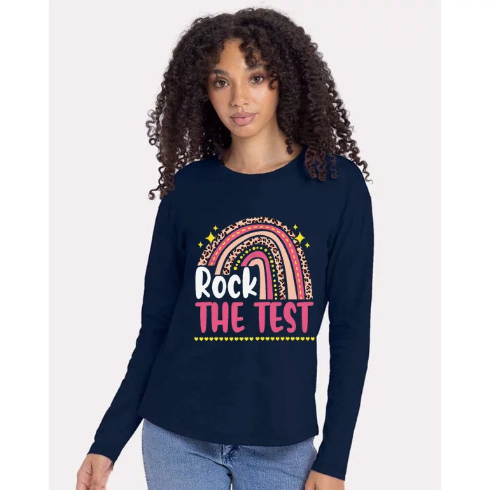 Test Day Rock The Test Teacher Testing Day Rainbow Leopard Womens Cotton Relaxed Long Sleeve T-Shirt