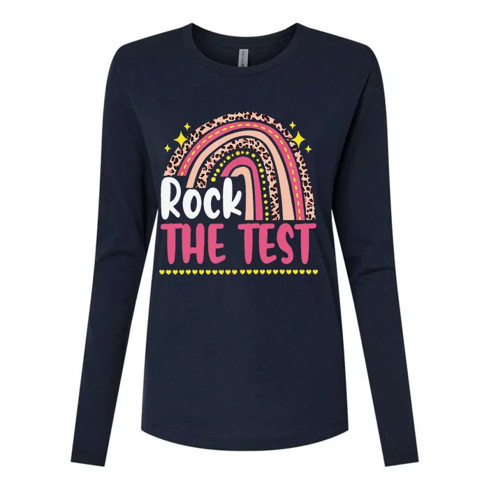 Test Day Rock The Test Teacher Testing Day Rainbow Leopard Womens Cotton Relaxed Long Sleeve T-Shirt