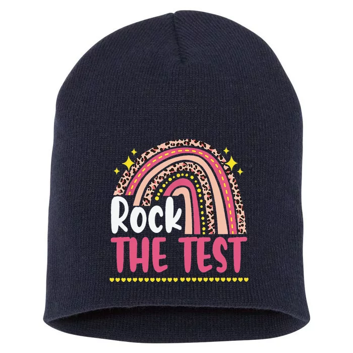 Test Day Rock The Test Teacher Testing Day Rainbow Leopard Short Acrylic Beanie