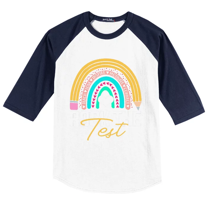 Test Day Rock The Test Teacher Testing Day Rainbow Teacher Baseball Sleeve Shirt