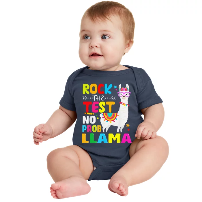 Testing Day Rock The Test Teaching No Prob Llama Teacher Baby Bodysuit