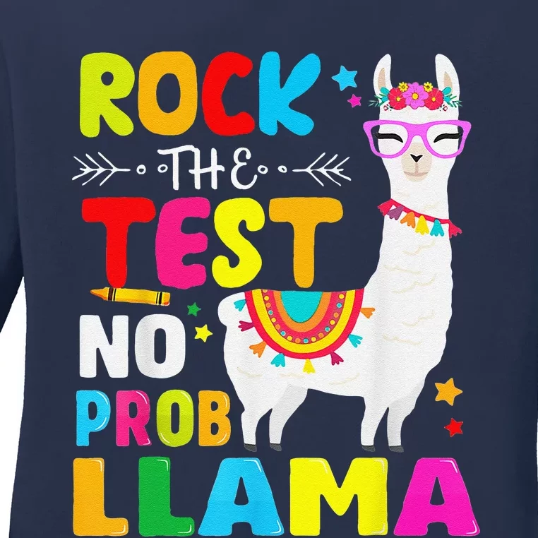 Testing Day Rock The Test Teaching No Prob Llama Teacher Ladies Long Sleeve Shirt