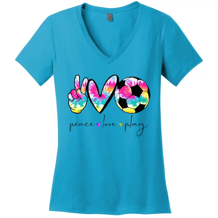 Tie Dye Soccer For Teen Peace Love Play Soccer Cute Gift Women's V-Neck T-Shirt