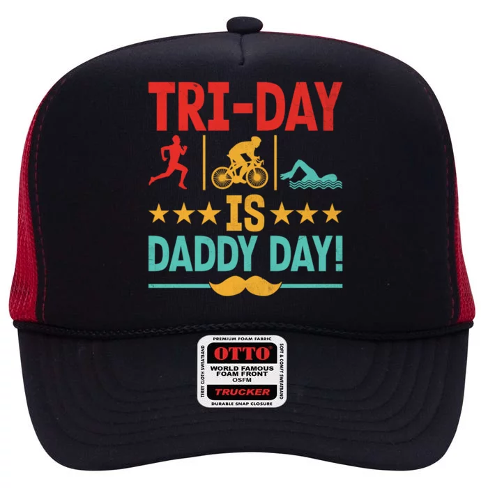 Triathlon Dad Swim Bike Run Triathlete Funny Iron Father Great Gift High Crown Mesh Trucker Hat