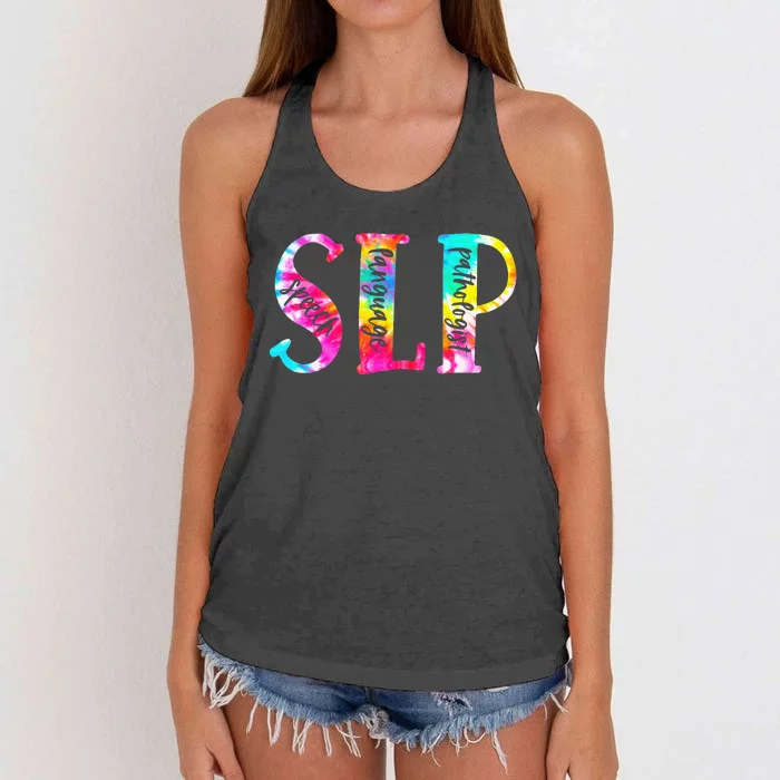 Tie Dye SLP Speech Language Pathologist Speech Therapy Women's Knotted Racerback Tank