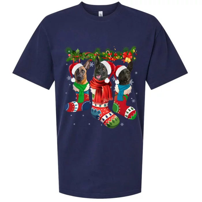 Three Dutch Shepherds In Christmas Socks Sueded Cloud Jersey T-Shirt