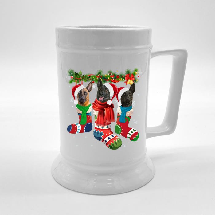 Three Dutch Shepherds In Christmas Socks Front & Back Beer Stein