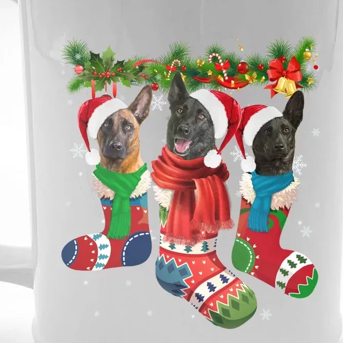 Three Dutch Shepherds In Christmas Socks Front & Back Beer Stein