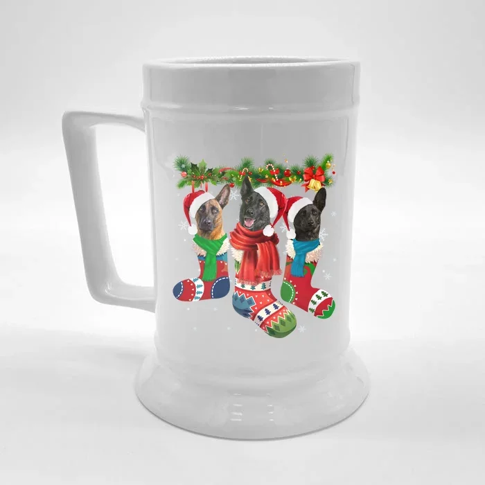 Three Dutch Shepherds In Christmas Socks Front & Back Beer Stein