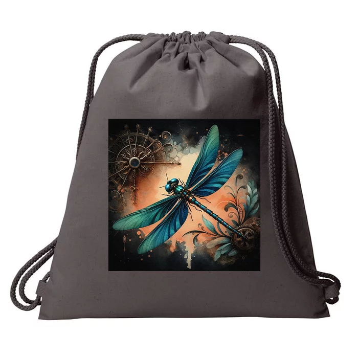 Teal Dragonfly Steampunk Drawstring Bag