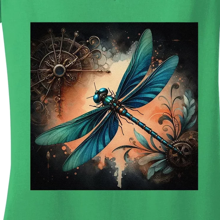 Teal Dragonfly Steampunk Women's V-Neck T-Shirt