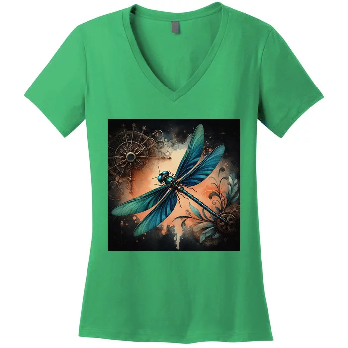 Teal Dragonfly Steampunk Women's V-Neck T-Shirt