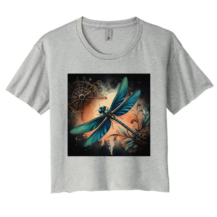 Teal Dragonfly Steampunk Women's Crop Top Tee