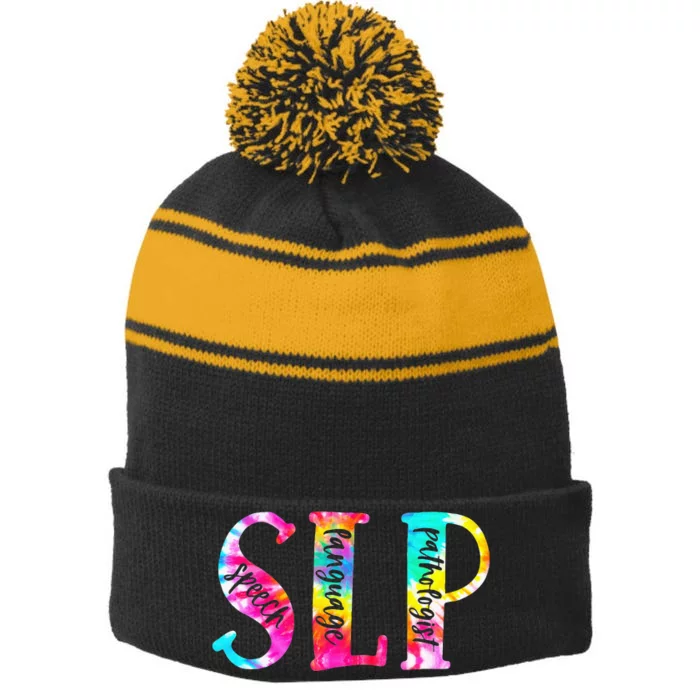 Tie Dye SLP Speech Language Pathologist Speech Therapy Stripe Pom Pom Beanie