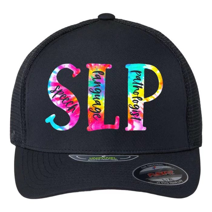 Tie Dye SLP Speech Language Pathologist Speech Therapy Flexfit Unipanel Trucker Cap