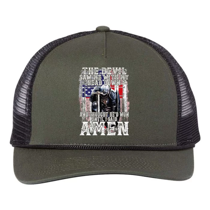 The Devil Saw Me With My Head Down Thought HeD Won On Back Retro Rope Trucker Hat Cap