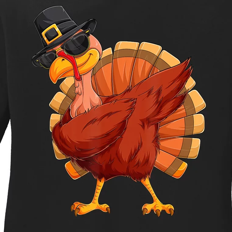 Thanksgiving Dabbing Turkey Ladies Long Sleeve Shirt