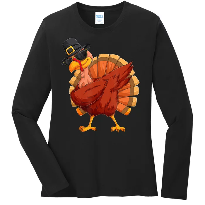 Thanksgiving Dabbing Turkey Ladies Long Sleeve Shirt