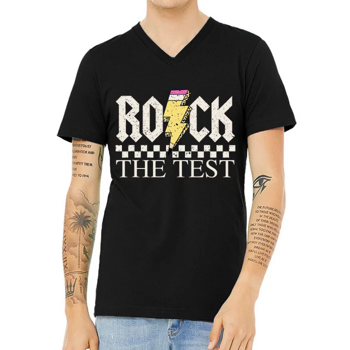 Testing Day Teacher Student Motivational Rock The Test V-Neck T-Shirt