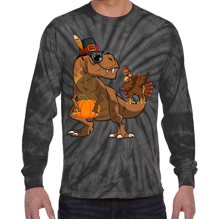 Thanksgiving Dabbing Turkey T Rex Dinosaur Costume Tie-Dye Long Sleeve Shirt