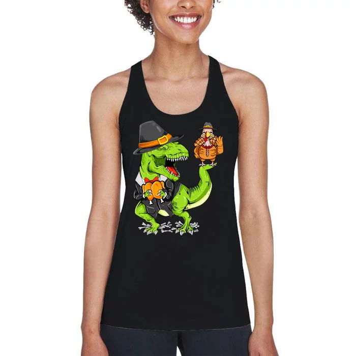 Thanksgiving Dino Turkey Humor Festive Women's Racerback Tank