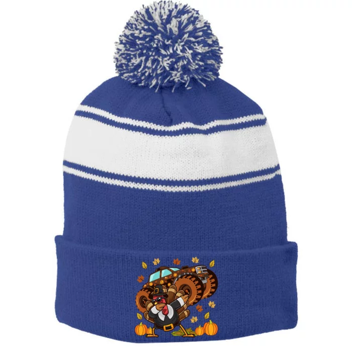 Thanksgiving Dabbing Turkey Monster Truck Gift Stripe Pom Pom Beanie