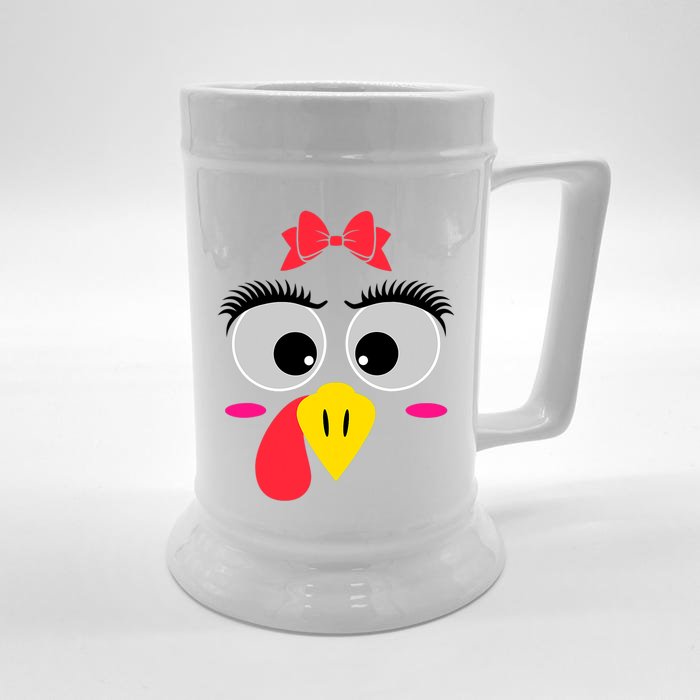 Thanksgiving Day Turkey Face Girl Red Bow Costume Restro Front & Back Beer Stein