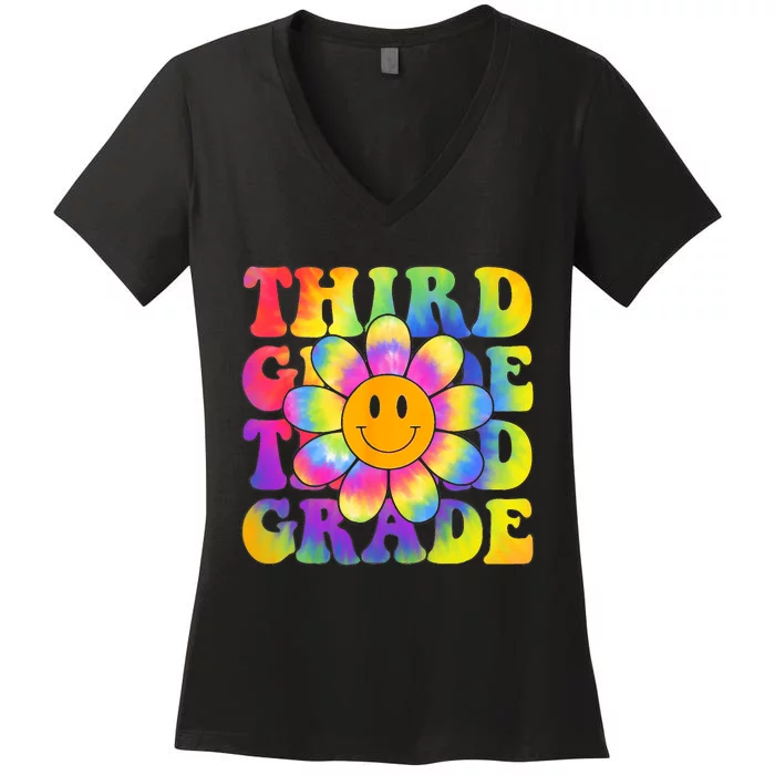 Tie Dye Third Grade Daisy Colorful Back To School Teacher Women's V-Neck T-Shirt