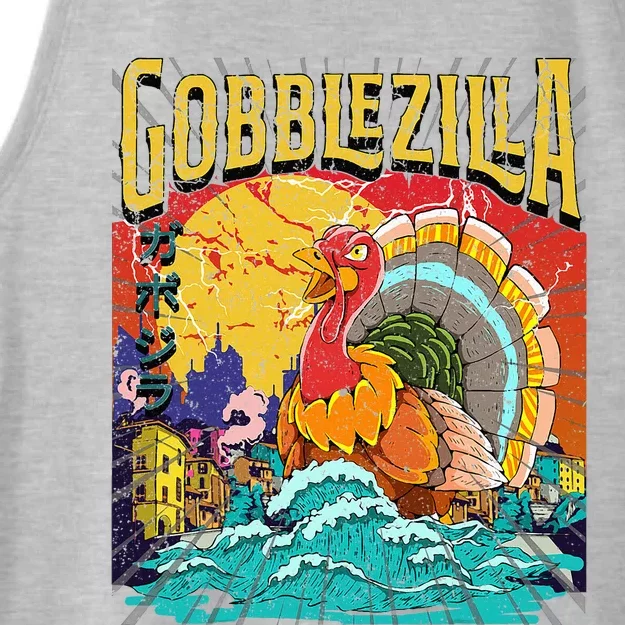 Turkey Day Thanksgiving Gobblezilla Ladies Tri-Blend Wicking Tank