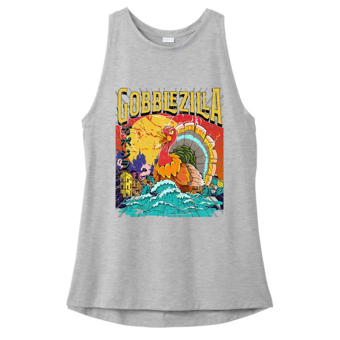 Turkey Day Thanksgiving Gobblezilla Ladies Tri-Blend Wicking Tank