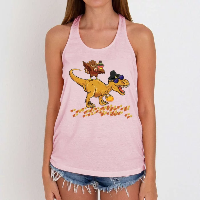 Thanksgiving Dabbing Turkey T Rex Dinosaur Costume Boys Gift Women's Knotted Racerback Tank