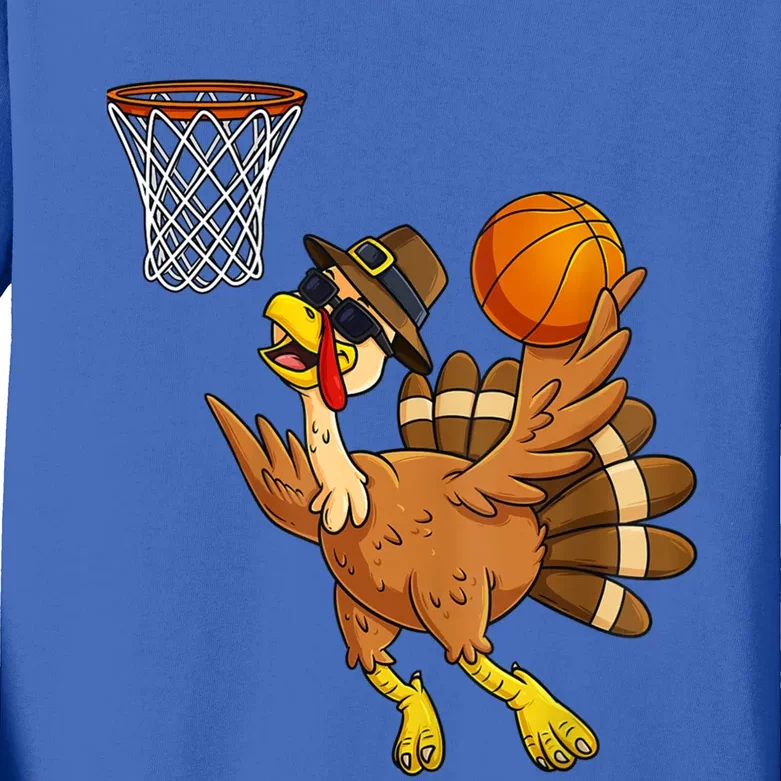 Thanksgiving Day Turkey Basketball Player Funny Pilgrim Meaningful Gift Kids Long Sleeve Shirt