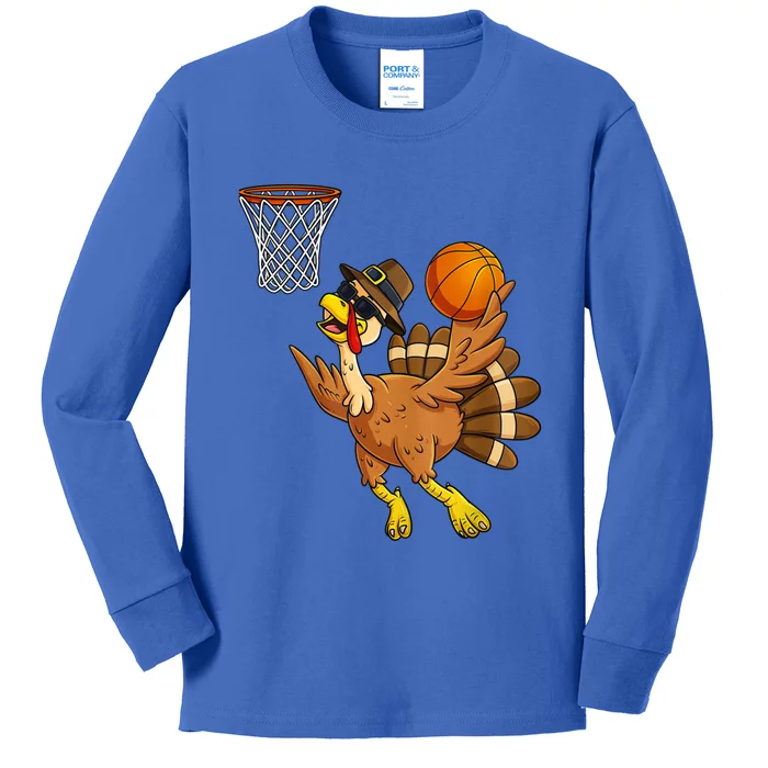 Thanksgiving Day Turkey Basketball Player Funny Pilgrim Meaningful Gift Kids Long Sleeve Shirt