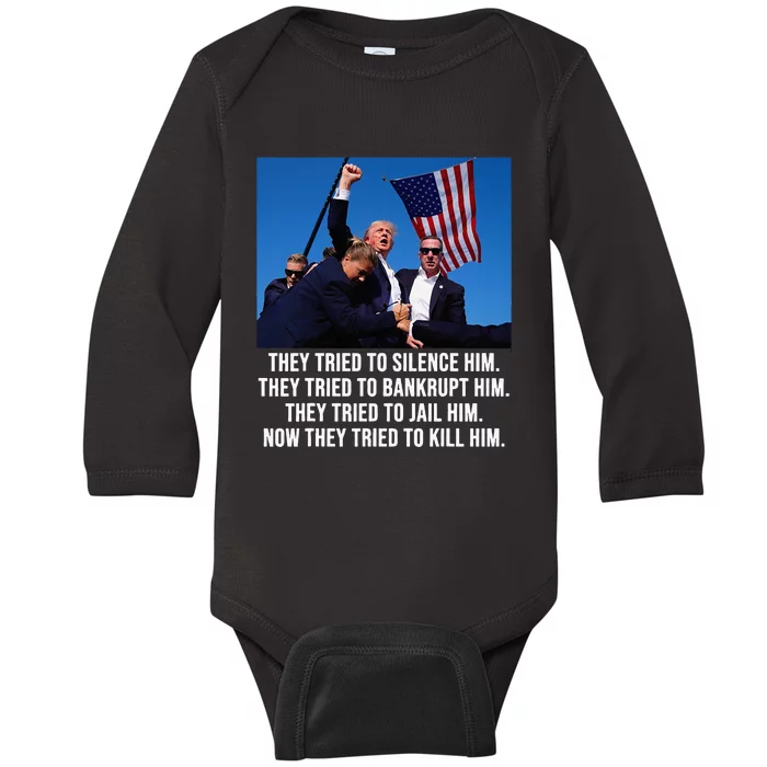 Trump Defiant Trump Shot Fist Pump Anti Biden Baby Long Sleeve Bodysuit