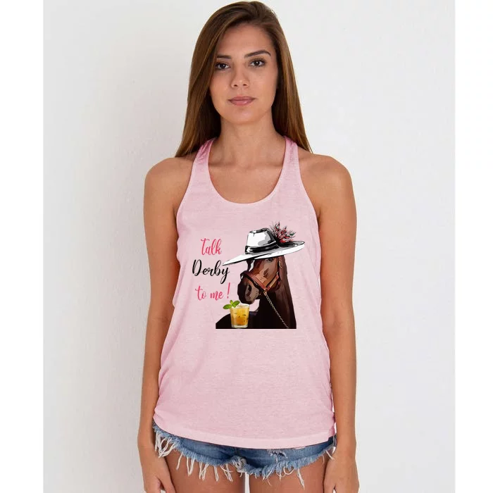 Talk Derby To Me Horse Racing Funny Derby Day Horse Lover Women's Knotted Racerback Tank