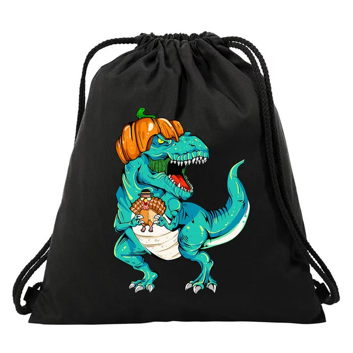 Thanksgiving Dino with Turkey Feast Drawstring Bag