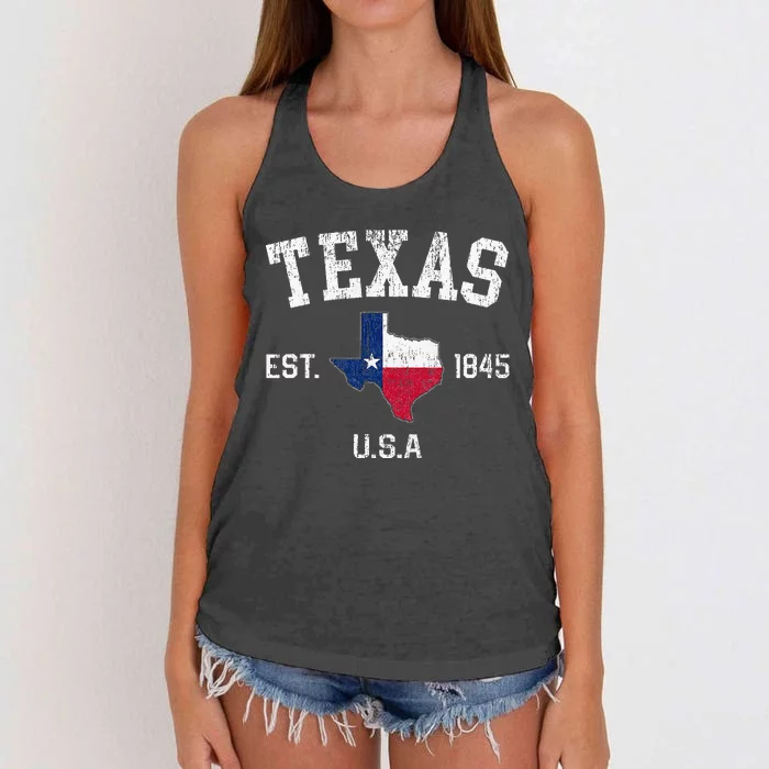 Texas Est 1845 Texas State Flag Map Texan Pride Women's Knotted Racerback Tank