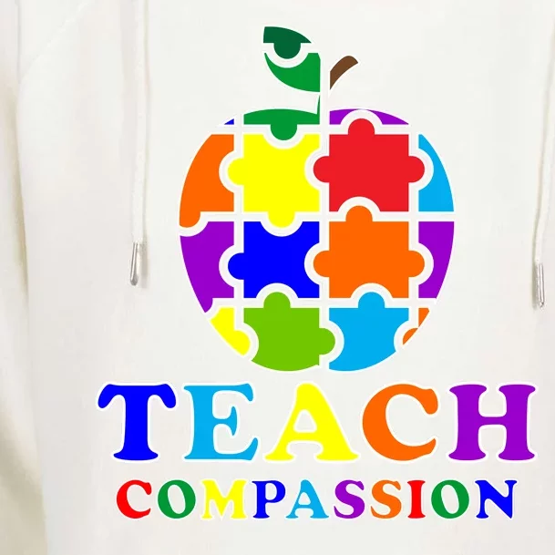 Teach Compassion Autism Awareness Teacher Apple Puzzle Womens Funnel Neck Pullover Hood