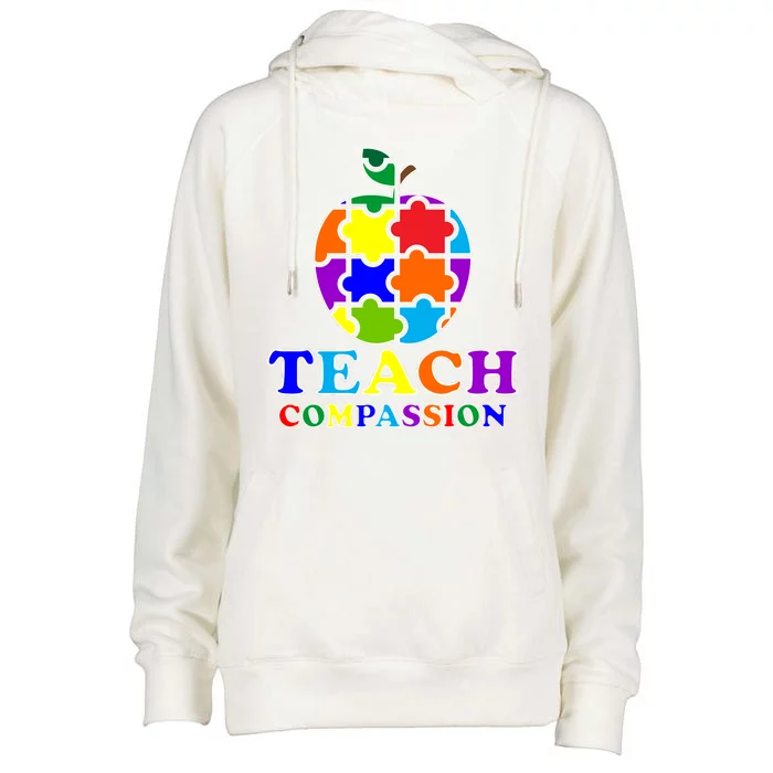 Teach Compassion Autism Awareness Teacher Apple Puzzle Womens Funnel Neck Pullover Hood