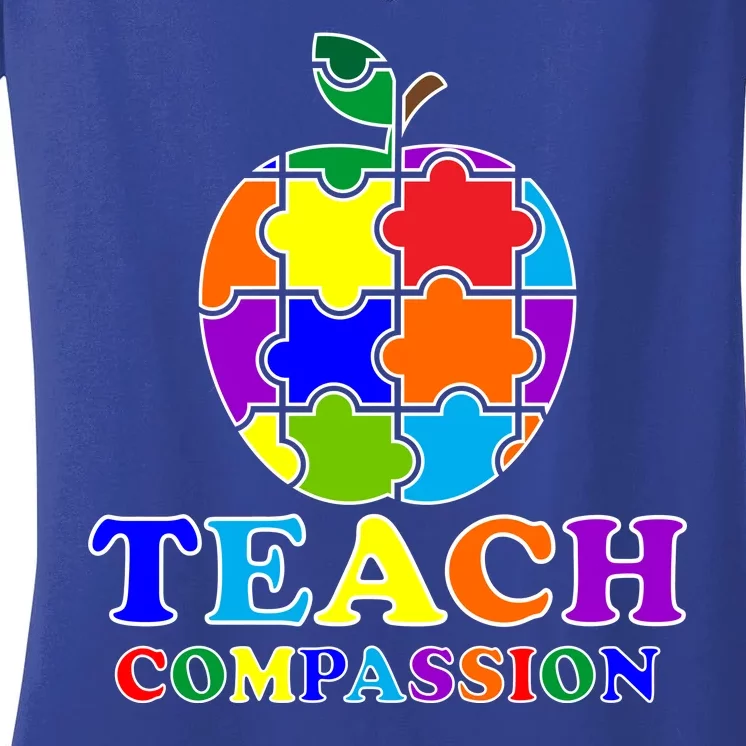 Teach Compassion Autism Awareness Teacher Apple Puzzle Women's V-Neck T-Shirt