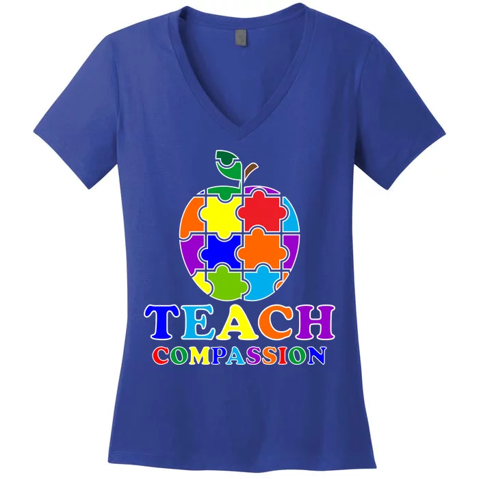 Teach Compassion Autism Awareness Teacher Apple Puzzle Women's V-Neck T-Shirt