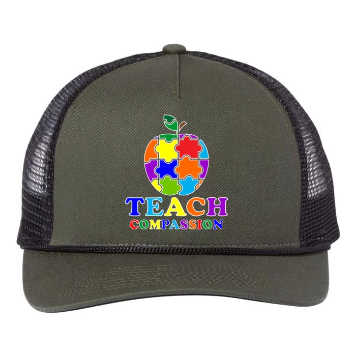 Teach Compassion Autism Awareness Teacher Apple Puzzle Retro Rope Trucker Hat Cap