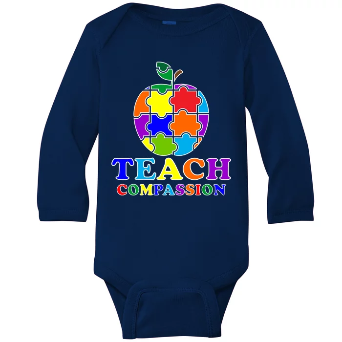 Teach Compassion Autism Awareness Teacher Apple Puzzle Baby Long Sleeve Bodysuit