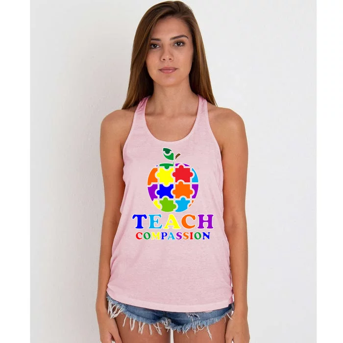 Teach Compassion Autism Awareness Teacher Apple Puzzle Women's Knotted Racerback Tank