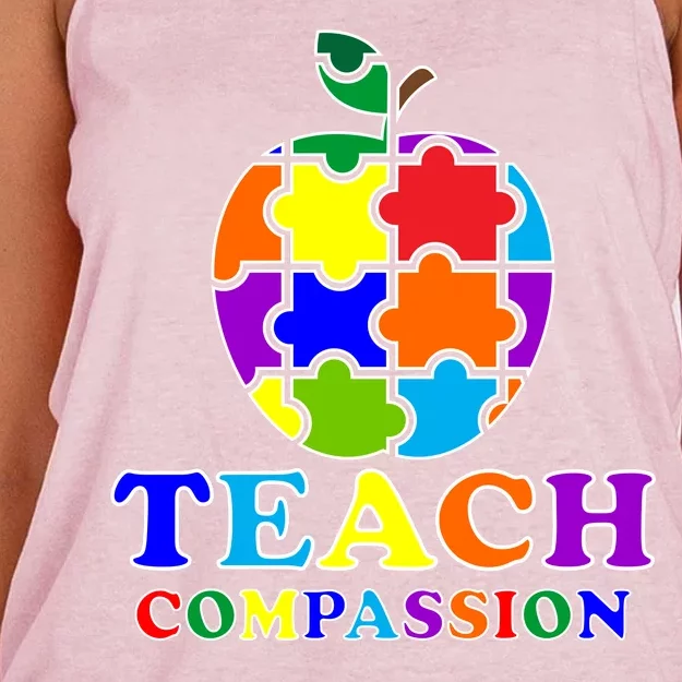 Teach Compassion Autism Awareness Teacher Apple Puzzle Women's Knotted Racerback Tank