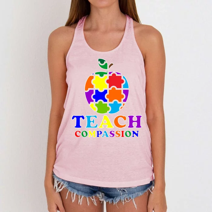 Teach Compassion Autism Awareness Teacher Apple Puzzle Women's Knotted Racerback Tank