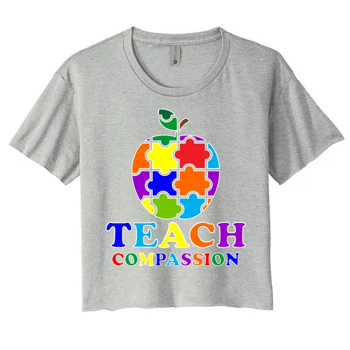 Teach Compassion Autism Awareness Teacher Apple Puzzle Women's Crop Top Tee