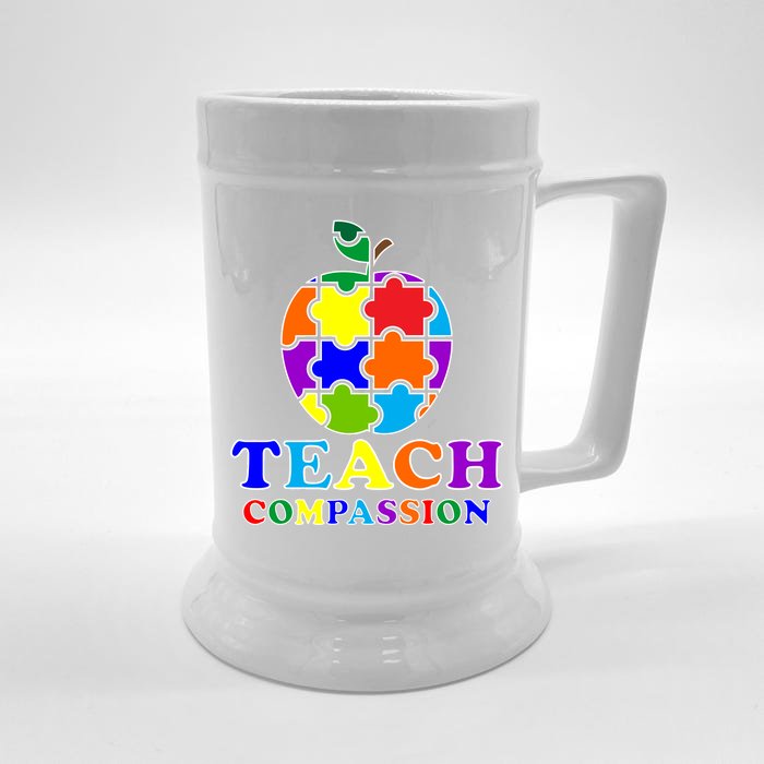 Teach Compassion Autism Awareness Teacher Apple Puzzle Front & Back Beer Stein