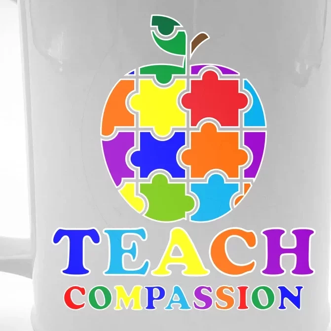 Teach Compassion Autism Awareness Teacher Apple Puzzle Front & Back Beer Stein