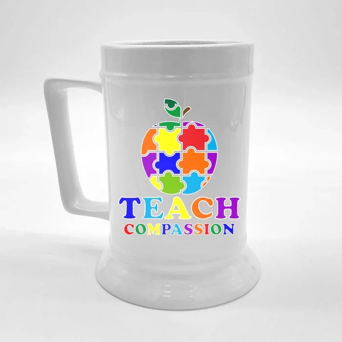 Teach Compassion Autism Awareness Teacher Apple Puzzle Front & Back Beer Stein